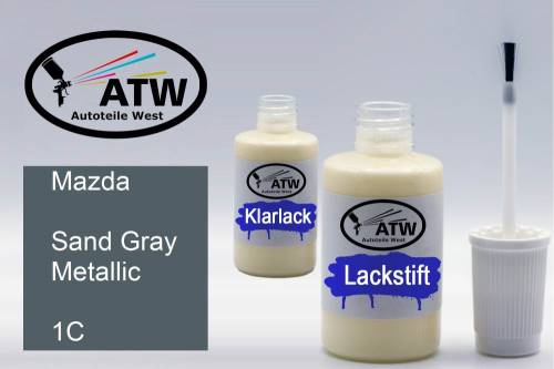 Mazda, Sand Gray Metallic, 1C: 20ml Lackstift + 20ml Klarlack - Set, von ATW Autoteile West.